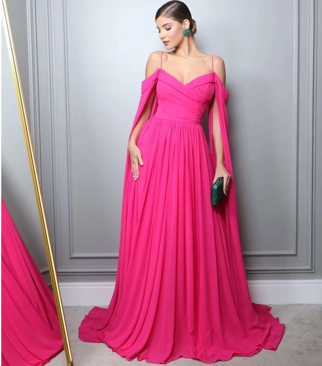 Женское шифоновое платье-накидка, Элегантное Длинное розовое платье-трапеция до пола с V-образным вырезом, бальное платье для выпускного вечера 
Женское шифоновое платье-накидка, Элегантное Длинное розовое платье-трапеция до пола с V-образным вырезом, бальное платье для выпускного вечера