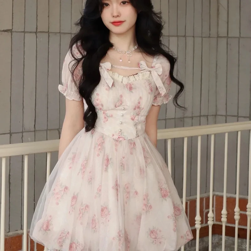 Summer 2023 Floral Sweet Mini Dress For Women Bow Pink Print Dress French Female Korean Fashion Cute Lolita Party Dress Vestidos
Summer 2023 Floral Sweet Mini Dress For Women Bow Pink Print Dress French Female Korean Fashion Cute Lolita Party Dress Vestidos