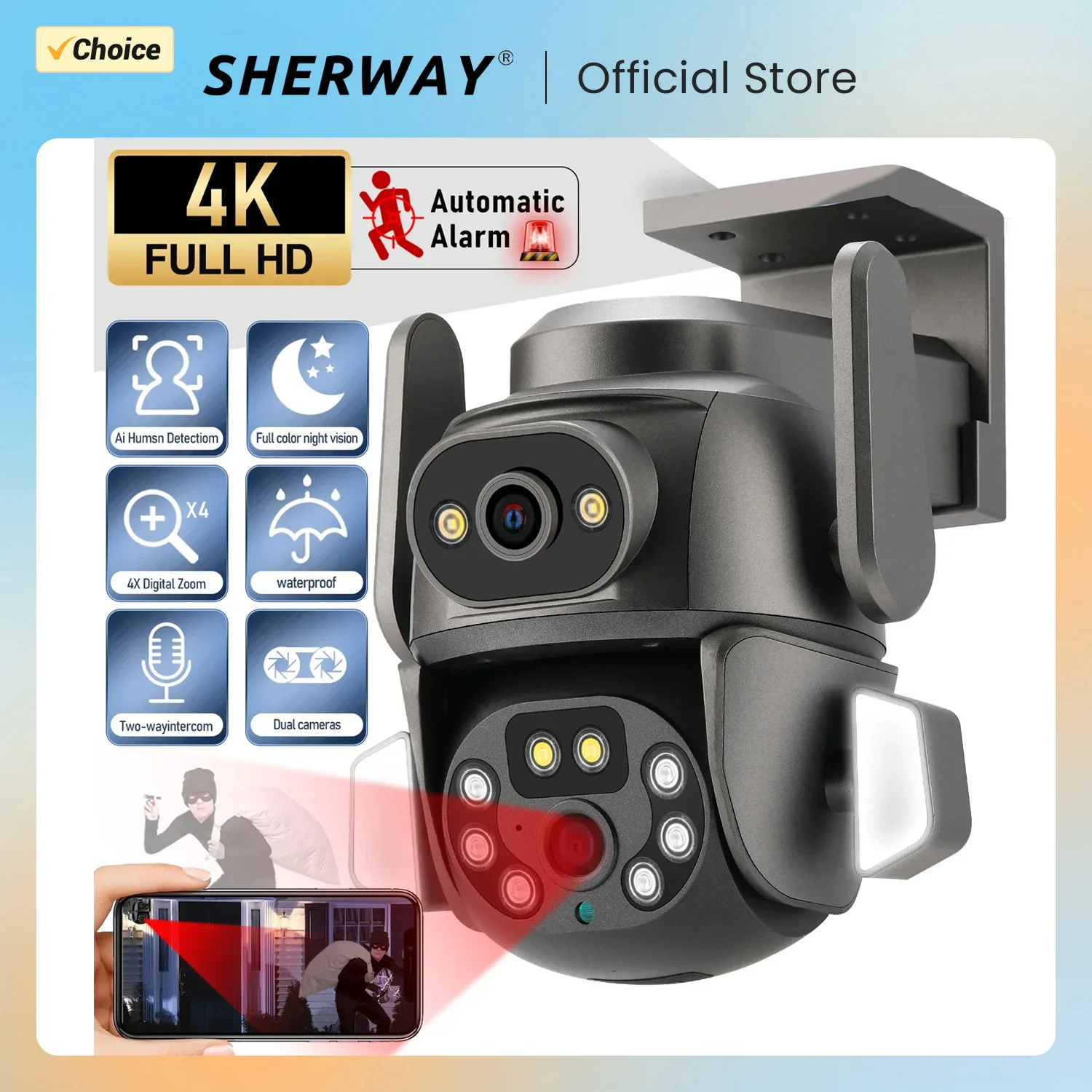 SHERWAY 8MP 4K PTZ IP Camera Wifi 4x Zoom Dual Lens Camera ONVIF Security Surveillance Video Full Color Night Vision Outdoor 
SHERWAY 8MP 4K PTZ IP Camera Wifi 4x Zoom Dual Lens Camera ONVIF Security Surveillance Video Full Color Night Vision Outdoor