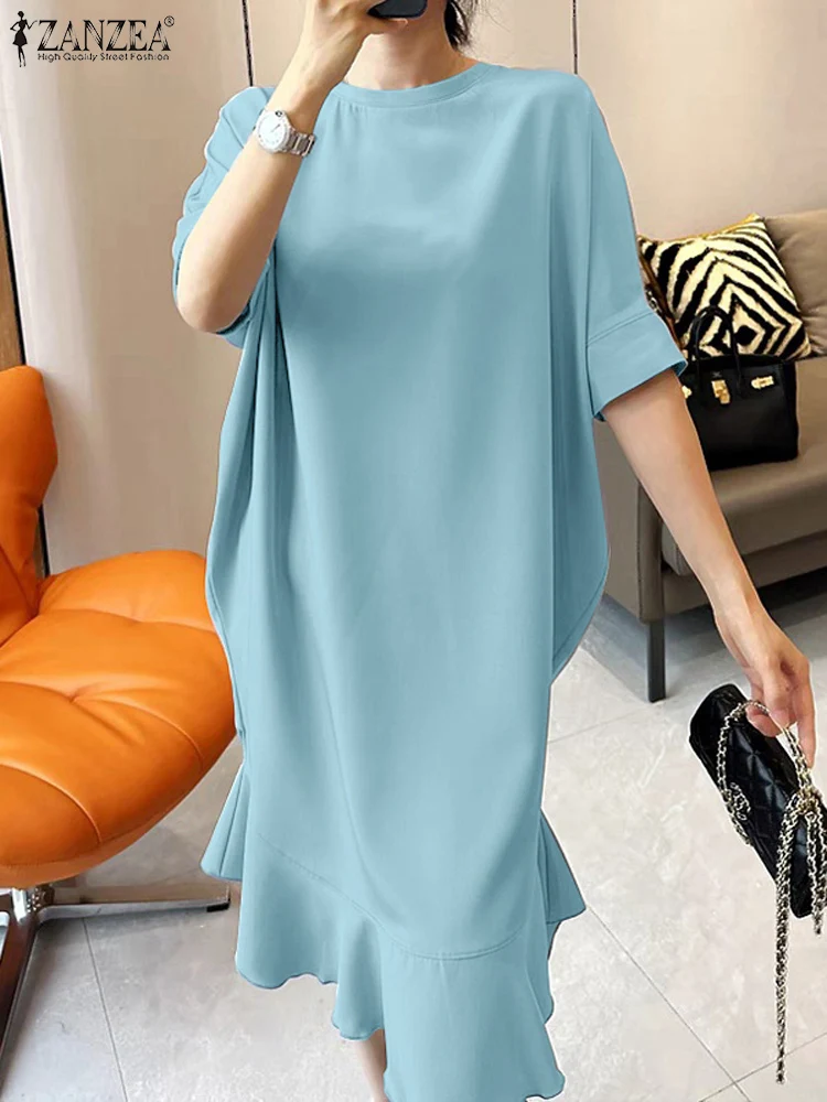 

ZANZEA Women Casual Dresses Korean Fashion Dolman Sleeve Round Neck Loose Vestidos Autumn Solid Ruffles Hem Knee-length Dress