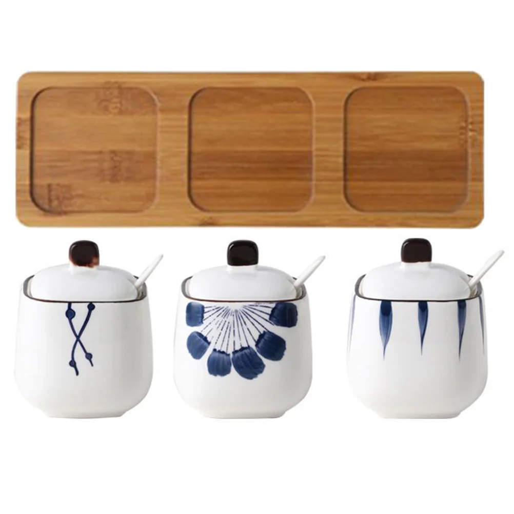 1 Set of Multi-function Spice Container Ceramic Seasoning Jar Condiment Container with Bamboo Tray 
1 Set of Multi-function Spice Container Ceramic Seasoning Jar Condiment Container with Bamboo Tray