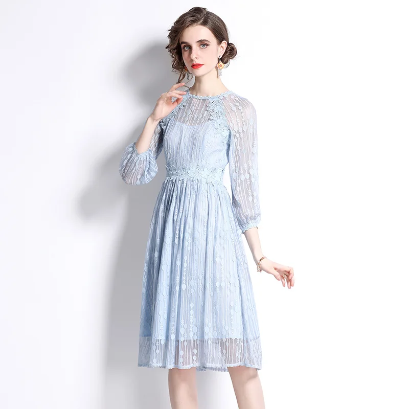 Fashion Women's Lace Flower Embroidered Dresses Runway Elegant 3/4 Sleeve High Waist Knee Length Blue Party Dress Vestidos
Fashion Women's Lace Flower Embroidered Dresses Runway Elegant 3/4 Sleeve High Waist Knee Length Blue Party Dress Vestidos