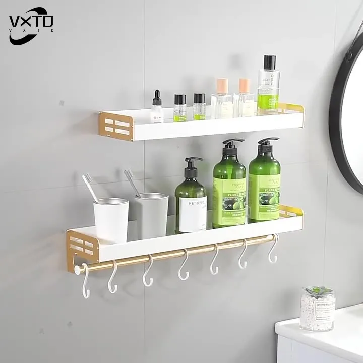 Bathroom White Gold Shelf with Towel Bar Space Aluminum Shelves Rack with Hook Shampoo Holder Kitchen Storage Rack Space Saving
Bathroom White Gold Shelf with Towel Bar Space Aluminum Shelves Rack with Hook Shampoo Holder Kitchen Storage Rack Space Saving