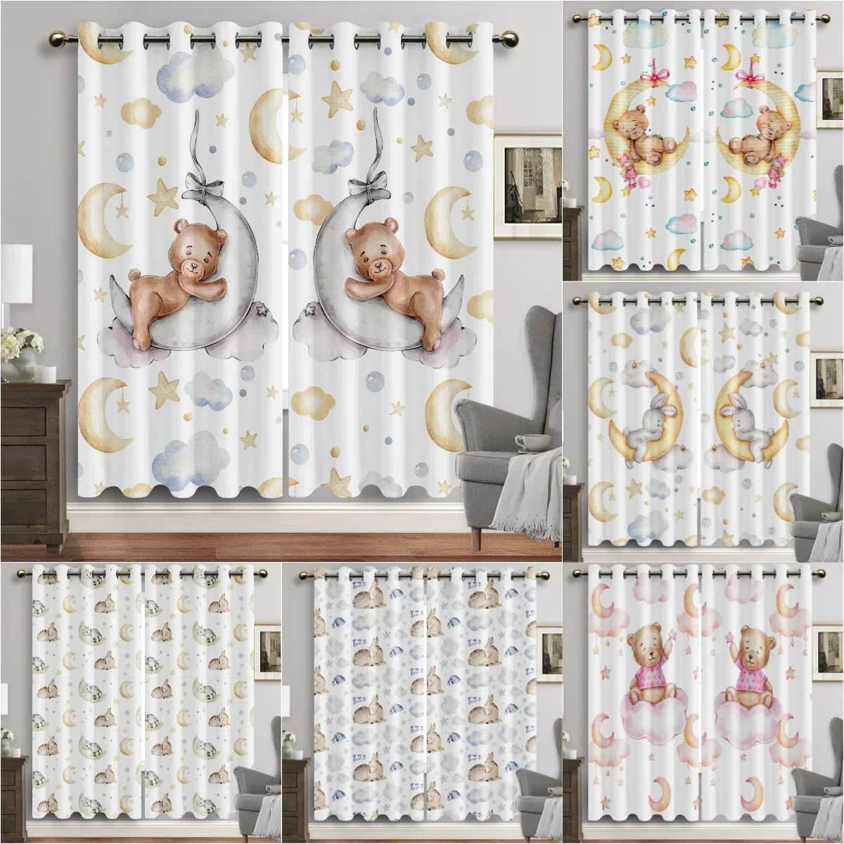 Cartoon Animals Window Curtain Living Room Watercolor Bunny Bear Eyelet Curtains Moon Print New Baby Room Drapes High Shading 
Cartoon Animals Window Curtain Living Room Watercolor Bunny Bear Eyelet Curtains Moon Print New Baby Room Drapes High Shading