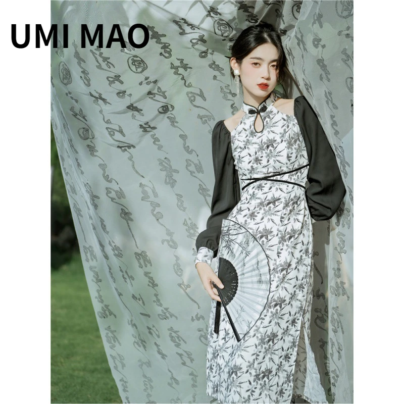 

UMI MAO Chinese Style New Elegant Modified Cheongsam Dresses Spring 2023 New Gentle Feng Shui Ink Halo Dyed Neck Dress