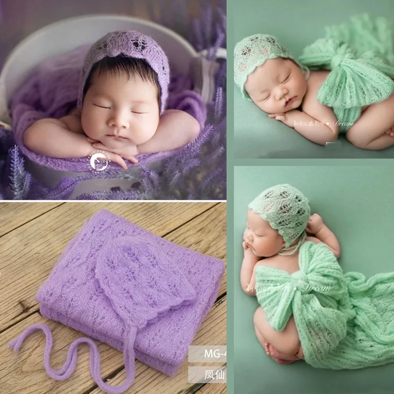 

Newborn Girl Hat Wrap Set Baby Photography Prop Blanket+Bonnet Mohair Knit Stretch Wool Swaddling Babies Photo Shoot Accessories