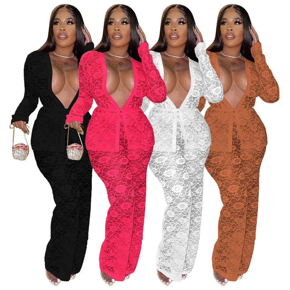 Spring Summer Lace Two Piece Set Fashion Sexy Deep V-neck Lace Top Trousers Suit Casual Two Piece Suit Women
Spring Summer Lace Two Piece Set Fashion Sexy Deep V-neck Lace Top Trousers Suit Casual Two Piece Suit Women
