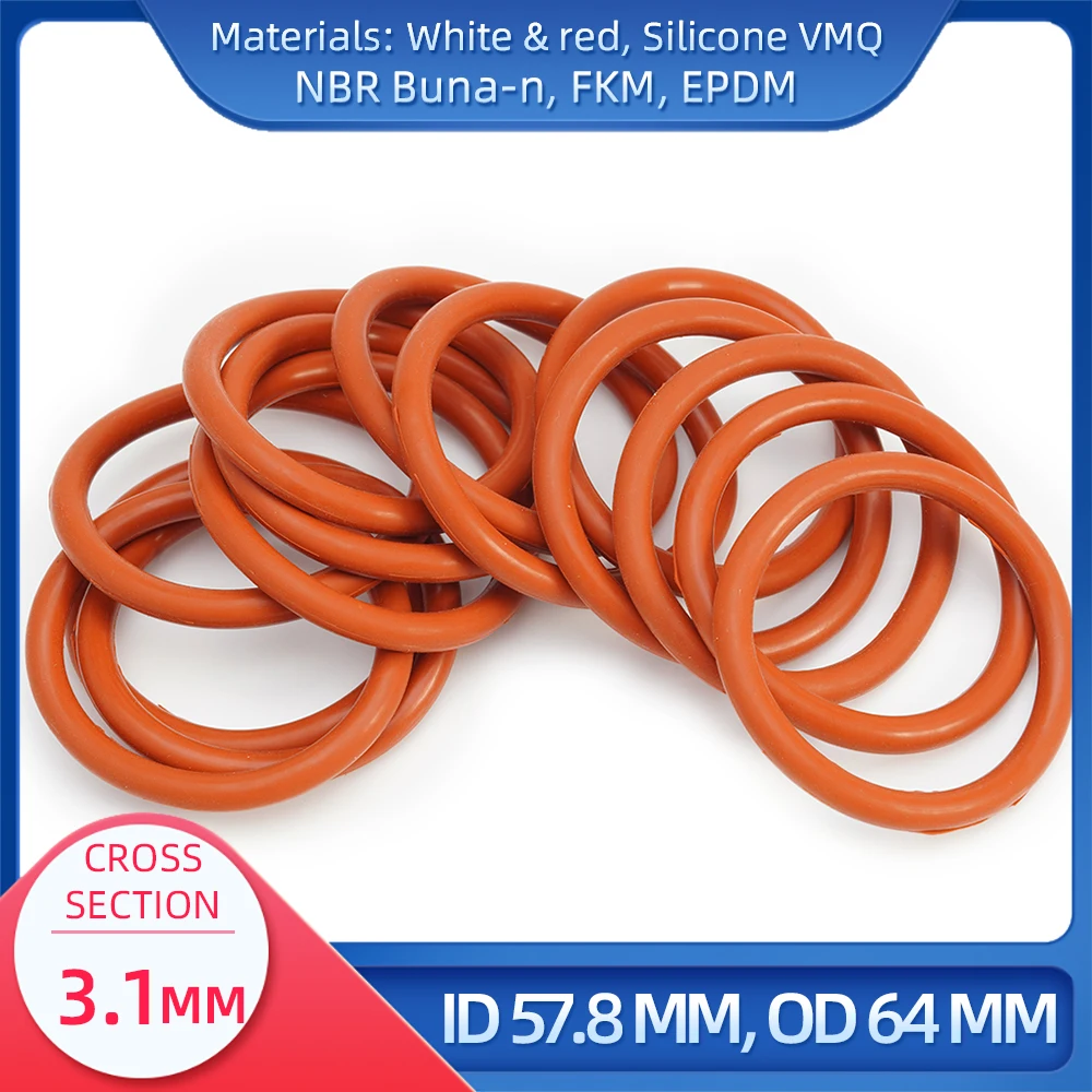O Ring CS 3.1 mm ID 57.8 mm OD 64 mm Material With Silicone VMQ NBR FKM EPDM ORing Seal Gaske 
O Ring CS 3.1 mm ID 57.8 mm OD 64 mm Material With Silicone VMQ NBR FKM EPDM ORing Seal Gaske