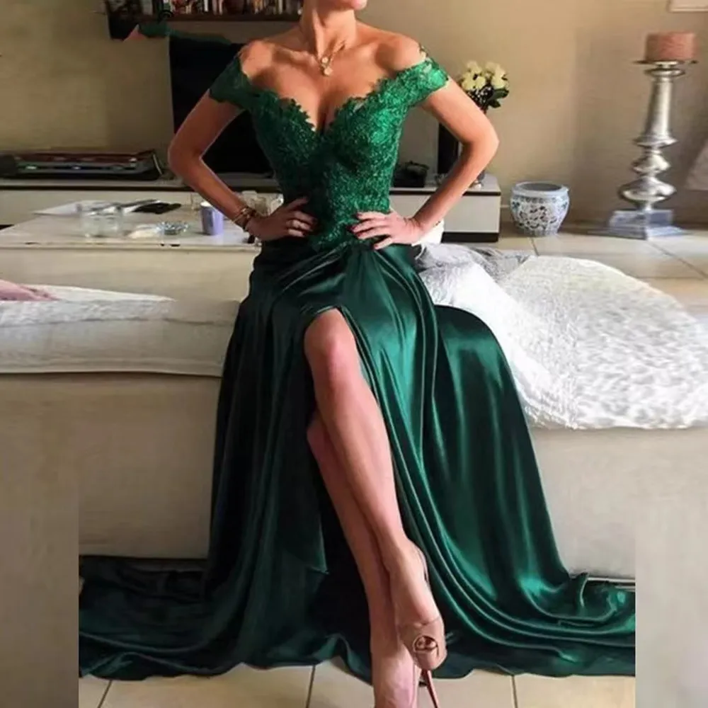 Green Satin Long Prom Dresses 2020 Floor Length Side Slit Dubai Formal Evening Dress Lace Appliqued Party
Green Satin Long Prom Dresses 2020 Floor Length Side Slit Dubai Formal Evening Dress Lace Appliqued Party