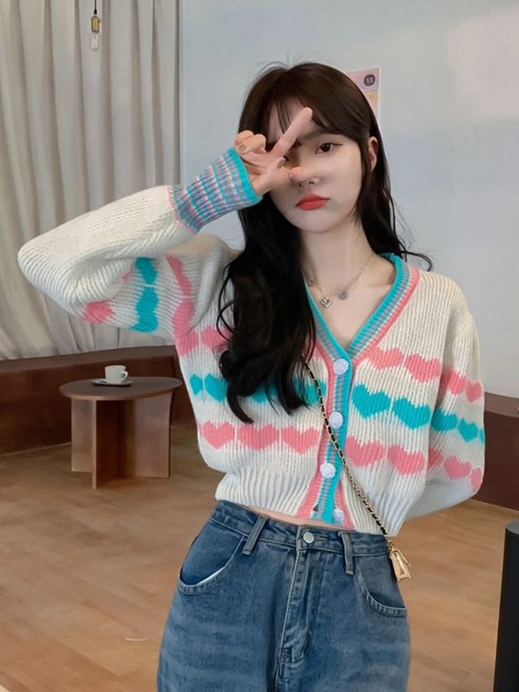 Jmprs Korean Sweet Rainbow Cardigan Sweater Women Fashion Love Long Sleeve Sexy Cropped Knitted Sweater Loose V Neck Female Tops
Jmprs Korean Sweet Rainbow Cardigan Sweater Women Fashion Love Long Sleeve Sexy Cropped Knitted Sweater Loose V Neck Female Tops