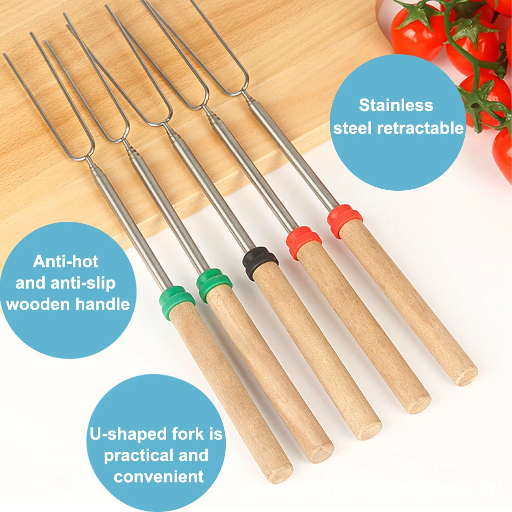 

Barbecue Fork U-shaped Hot Dog Skewer Wooden Handle Stretchable Roasting Sticks Lightweight Stainless Steel BBQ tool Accessories