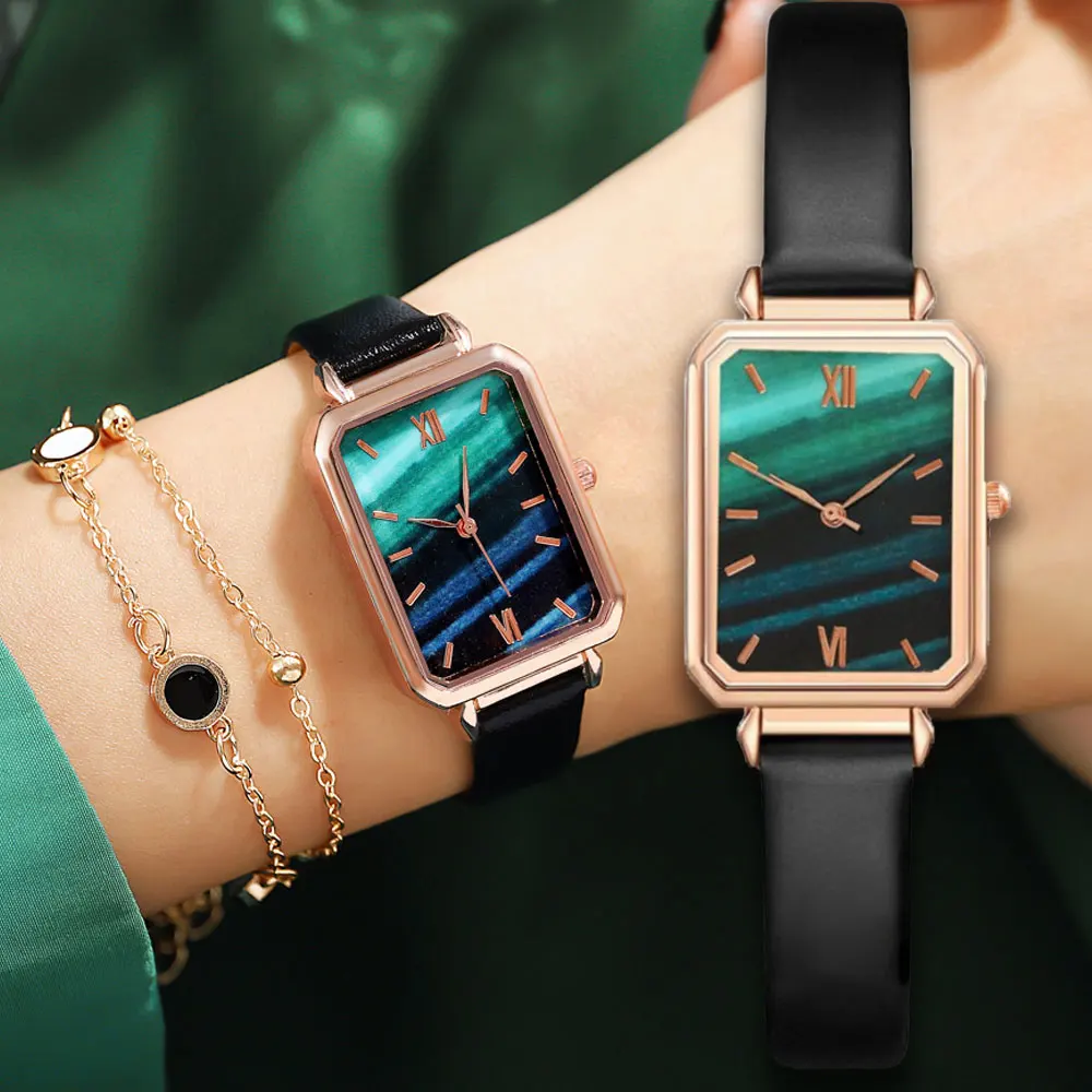 

GENEVA Green Dial Leather Women Watches Fashion Simple Square Ladies Quartz Watch Top Brand Luxury Women's Wristwatch Reloj