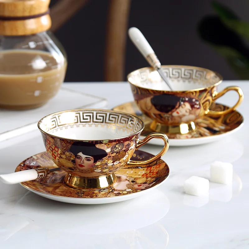 

Набор кофейных чашек Gustav Klimt из костяного фарфора, керамический чайный набор Klimt Kiss, роскошные подарки, фарфоровая посуда, чайные чашки с ложкой