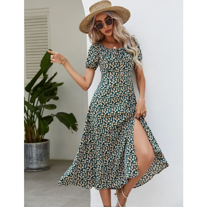 

Allover Floral Slit Thigh Tie Front Puff Sleeve Ruched Bust Dress Women Square Neck High Waist A-line Long Dress Robe 2023 New
