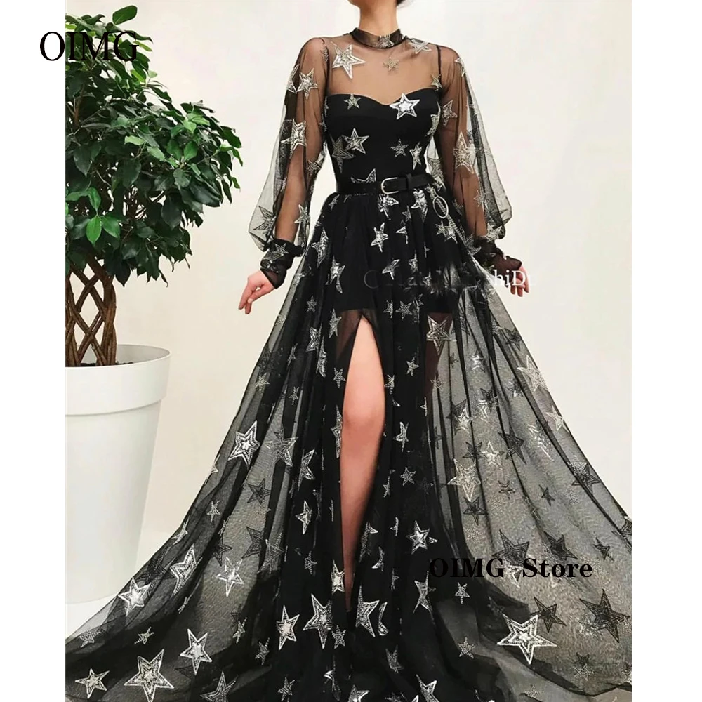 OIMG High Neck Tulle Stars Puff Long Sleeves Evening Dresses Vestido de fiesta Side Split Floor Length Prom Gowns Party Occasion
OIMG High Neck Tulle Stars Puff Long Sleeves Evening Dresses Vestido de fiesta Side Split Floor Length Prom Gowns Party Occasion
