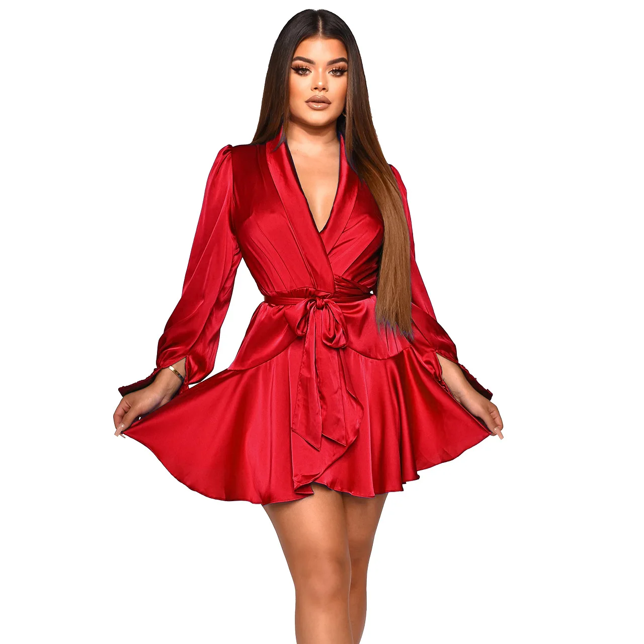 Women Sexy V-Neck Lace-up Dress Satin Elegant Long Sleeve A-Line Club Party Dresses Vestidos
Women Sexy V-Neck Lace-up Dress Satin Elegant Long Sleeve A-Line Club Party Dresses Vestidos