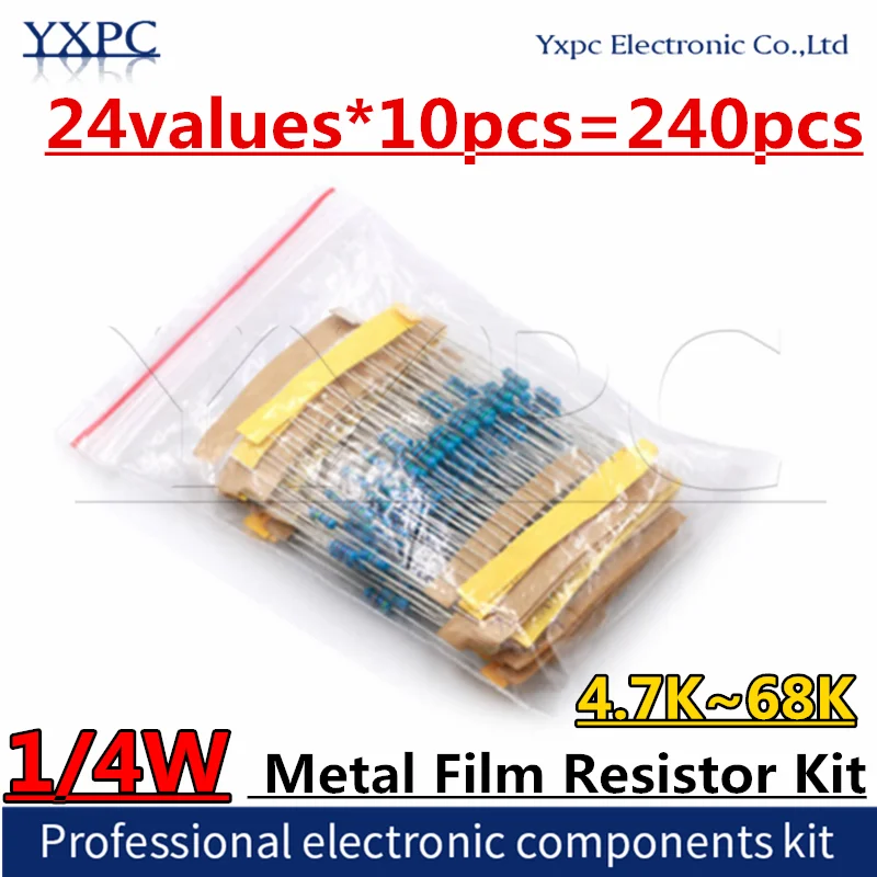 24values*10pcs=240pcs 1/4W 1% Metal Film Resistor Assorted set 4.7K~68K resistance 1% assortment Kit 5.1K 5.6K 6.2K 6.8K 10K
24values*10pcs=240pcs 1/4W 1% Metal Film Resistor Assorted set 4.7K~68K resistance 1% assortment Kit 5.1K 5.6K 6.2K 6.8K 10K