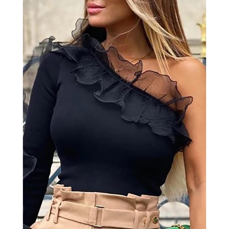 2022 Sexy One-shoulder Mesh Ruffle Stitching Slim Tight-fitting Long-sleeved Knitted T-shirt Ladies Tops Autumn Korean T-shirt
2022 Sexy One-shoulder Mesh Ruffle Stitching Slim Tight-fitting Long-sleeved Knitted T-shirt Ladies Tops Autumn Korean T-shirt