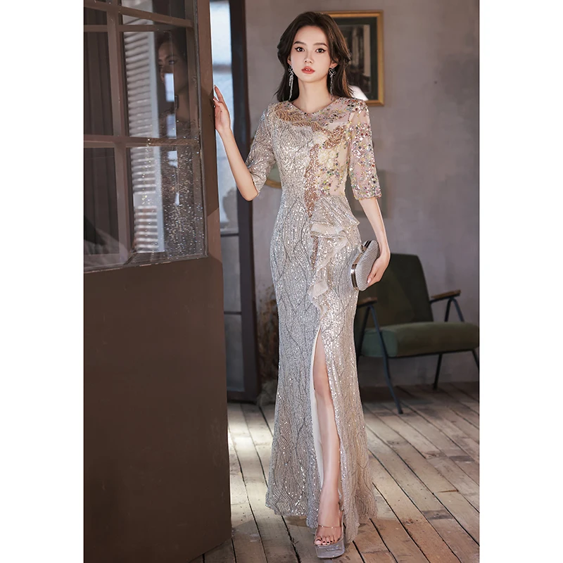 Champagne Sequin Evening Dresses With Sleeves Elegant Round Neck Floor-Length Sexy Slit Mermaid Gowns For Wedding Party
Champagne Sequin Evening Dresses With Sleeves Elegant Round Neck Floor-Length Sexy Slit Mermaid Gowns For Wedding Party