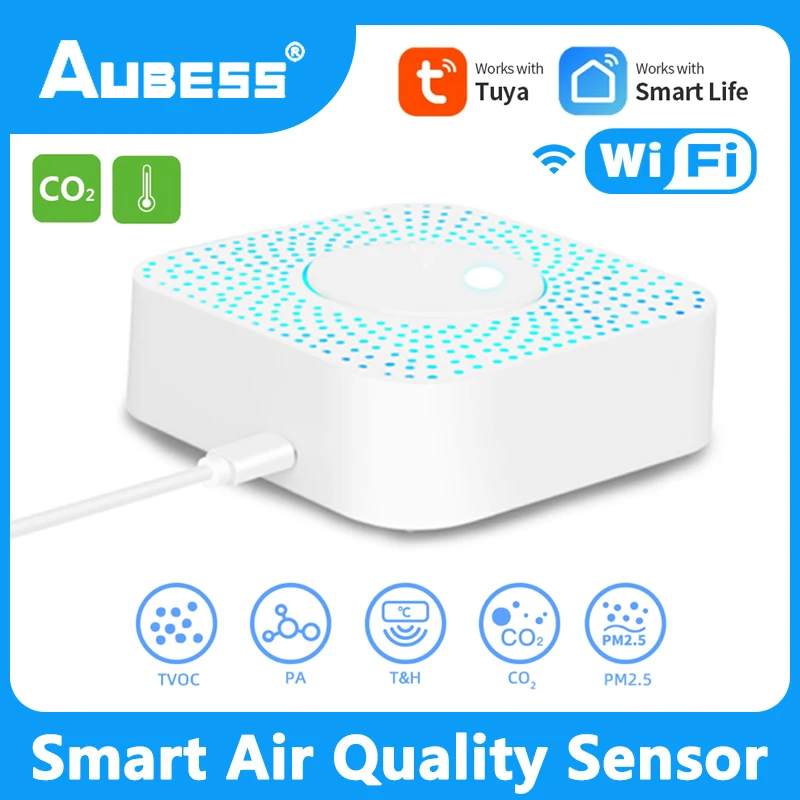 Tuya Wifi 6-in-1 Air Quality Monitor CO2 Meter PM2.5 Formaldehyde TVOC CO2 Temperature Humidity Detector For Home Office
Tuya Wifi 6-in-1 Air Quality Monitor CO2 Meter PM2.5 Formaldehyde TVOC CO2 Temperature Humidity Detector For Home Office