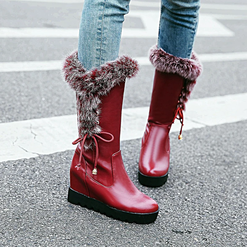 Faux Rabbit Fur Turned-Over Edge Snow Boots Non-Slip Rubber Platform Flat Wedge Heel Inner Raised Slip-On Women's Knee Boots
Faux Rabbit Fur Turned-Over Edge Snow Boots Non-Slip Rubber Platform Flat Wedge Heel Inner Raised Slip-On Women's Knee Boots