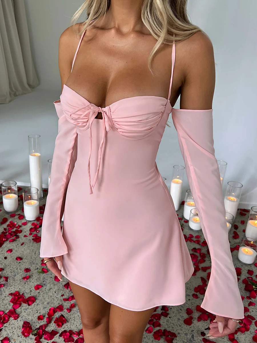 

Sexy Boob Tube Top Lade-up Push Up Long Sleeve Dress Flounce Sleeve Bodycon Ruched Mini Dress Women Off Shoulder Dresses