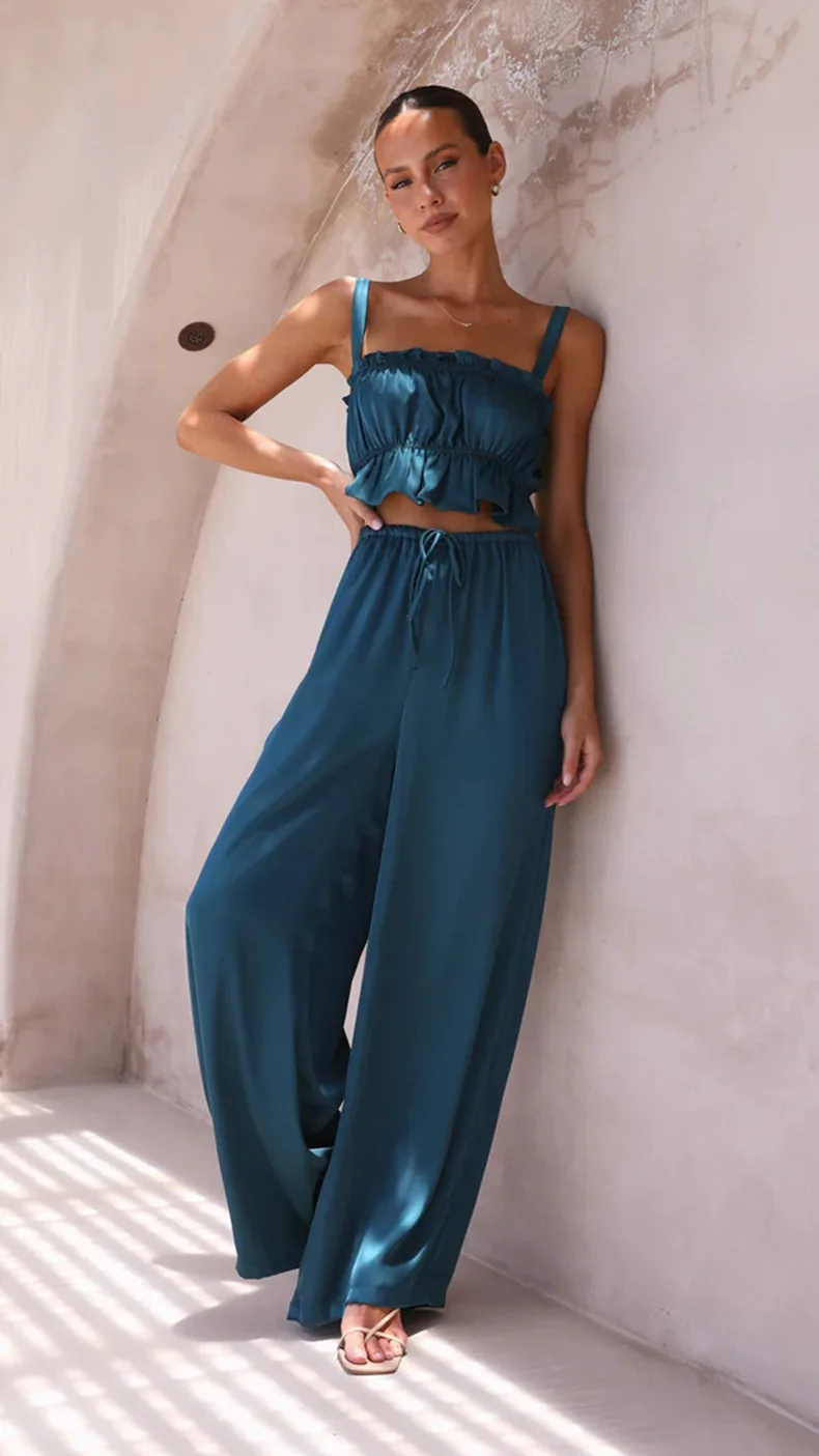 Women's Summer Suits One-neck Pleated Camisole & Wide-leg Mopping Pants Fashion Drape Trousers 2 Piece Sets Womens Outfits
Women's Summer Suits One-neck Pleated Camisole & Wide-leg Mopping Pants Fashion Drape Trousers 2 Piece Sets Womens Outfits