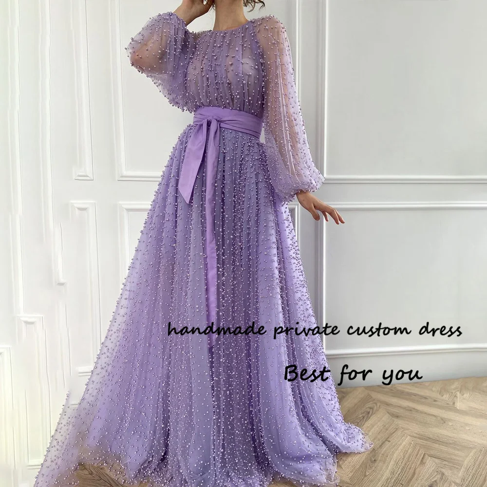 Lavender Pearls Tulle Prom Party Dresses Long Sleeve O Neck Evening Party Gowns with Belt A Line Princess Formal Gowns
Lavender Pearls Tulle Prom Party Dresses Long Sleeve O Neck Evening Party Gowns with Belt A Line Princess Formal Gowns