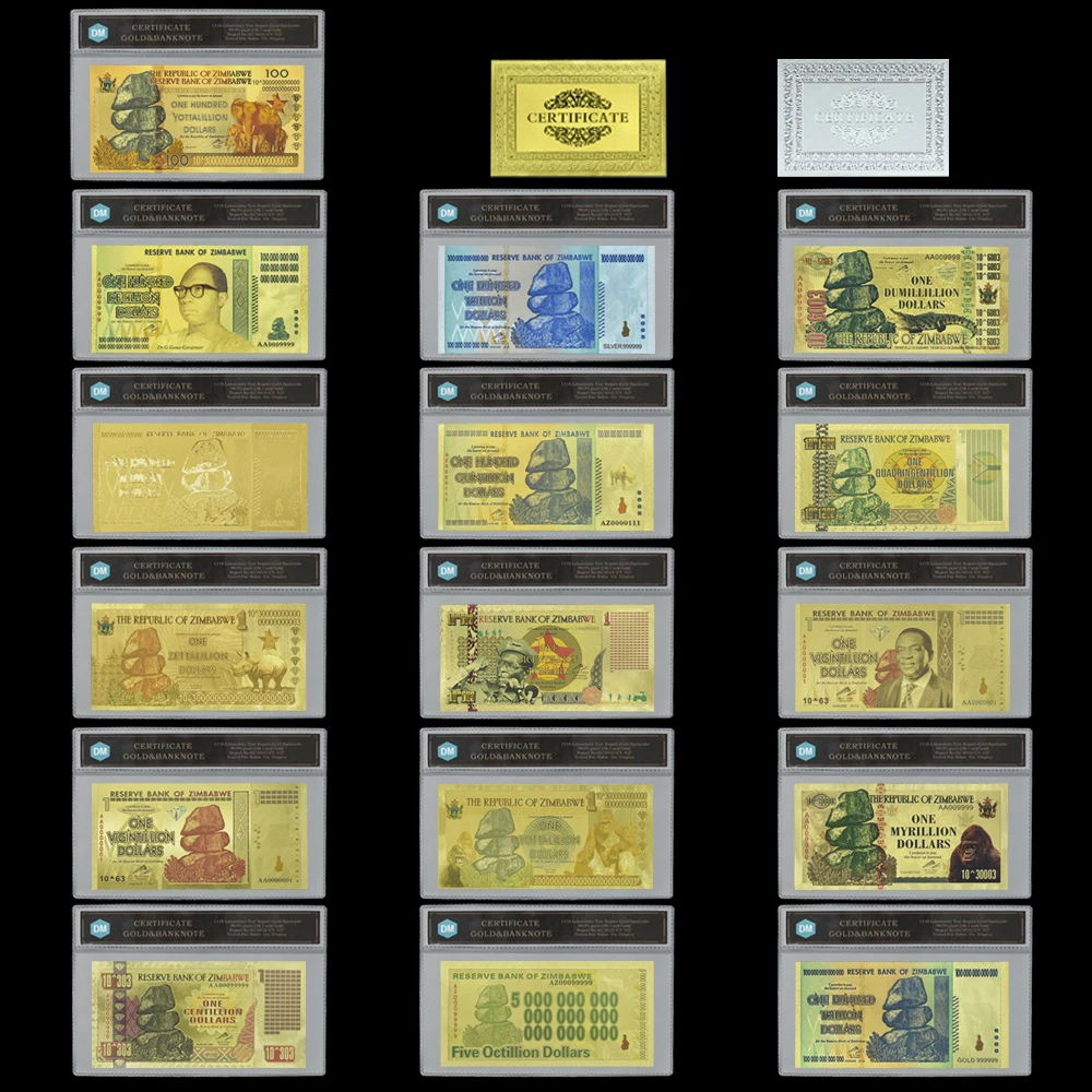 16pcs/lot Kinds of Zimbabwe Gold Plated Banknotes with Plastic Card Holder Bussiness Souvenir Gifts Crafts for Collection
16pcs/lot Kinds of Zimbabwe Gold Plated Banknotes with Plastic Card Holder Bussiness Souvenir Gifts Crafts for Collection