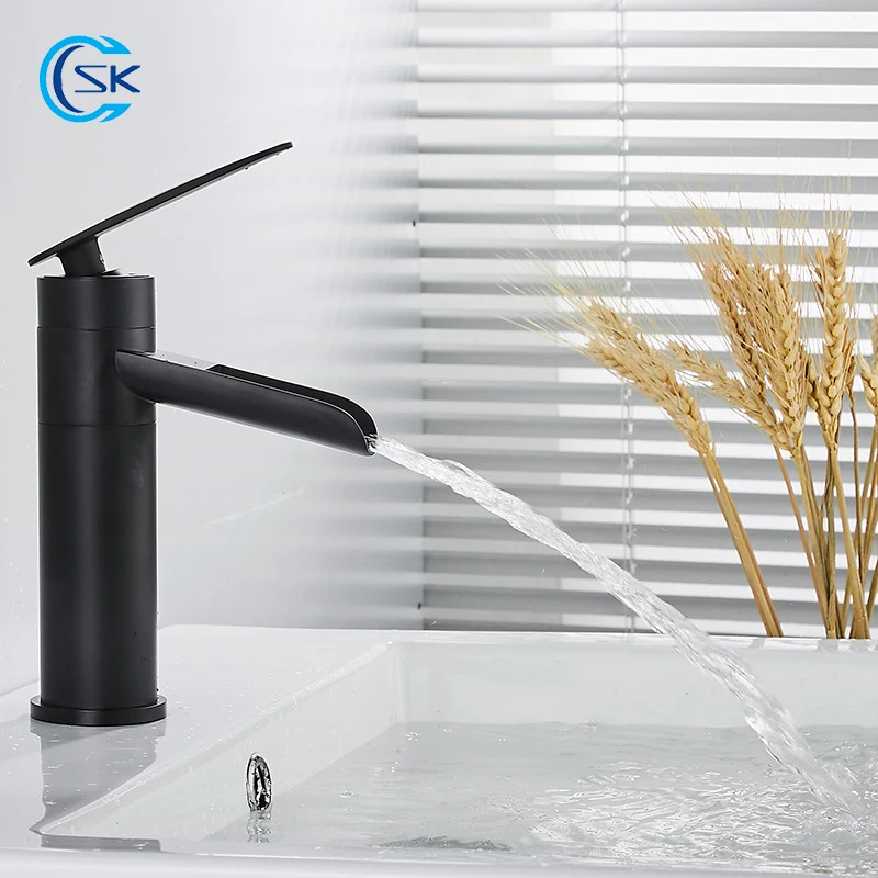 

Tall Short Black Basin Faucet Waterfall Bathroom Faucet Brass Sink Faucets Cold Hot Water Mixer Tap Single Hole Bathroom Taps