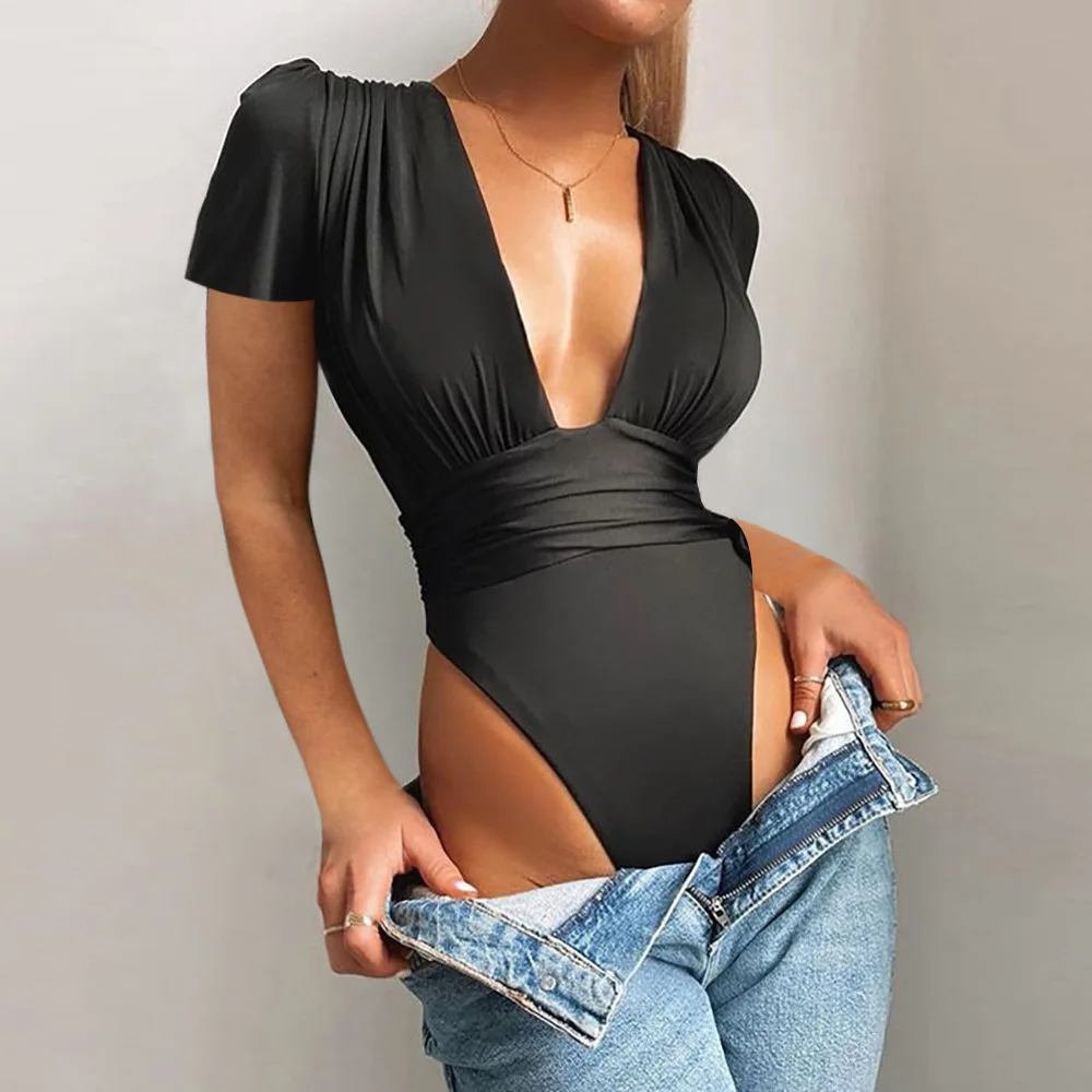 2021 Summer Bodysuits Sexy Deep V-Neck Pleated Waist Tights Fashion Solid Color Black Jumpsuits Women Slim Short Sleeve Rompers
2021 Summer Bodysuits Sexy Deep V-Neck Pleated Waist Tights Fashion Solid Color Black Jumpsuits Women Slim Short Sleeve Rompers