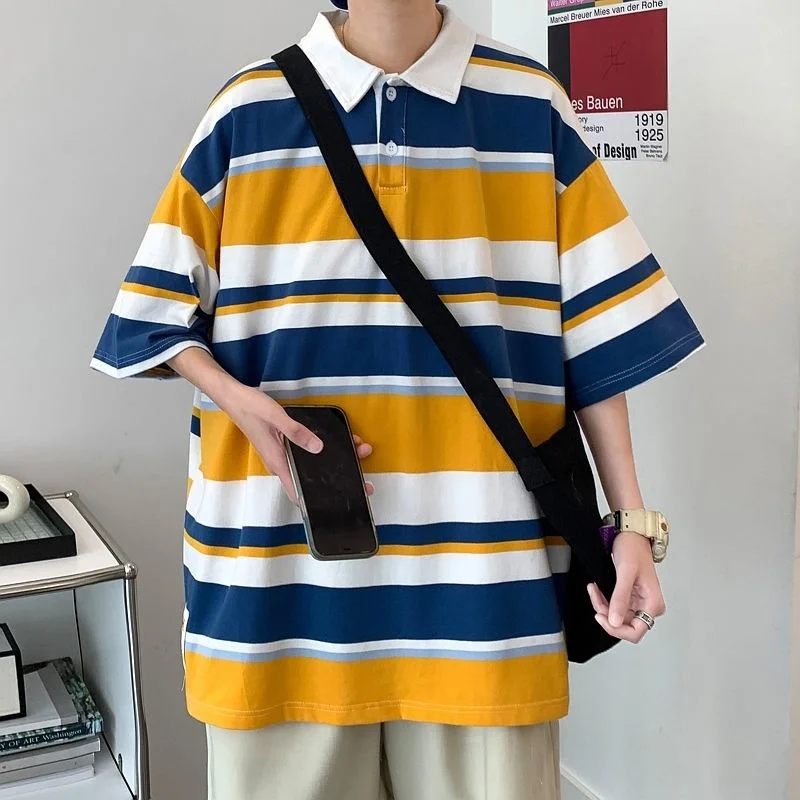 2022 Summer Men's Stripe Printing Short Sleeve T-shirt Lapel Collar Cotton Clothes Tshirts Blue/Apricot/yellow Cotton T Shirts
2022 Summer Men's Stripe Printing Short Sleeve T-shirt Lapel Collar Cotton Clothes Tshirts Blue/Apricot/yellow Cotton T Shirts