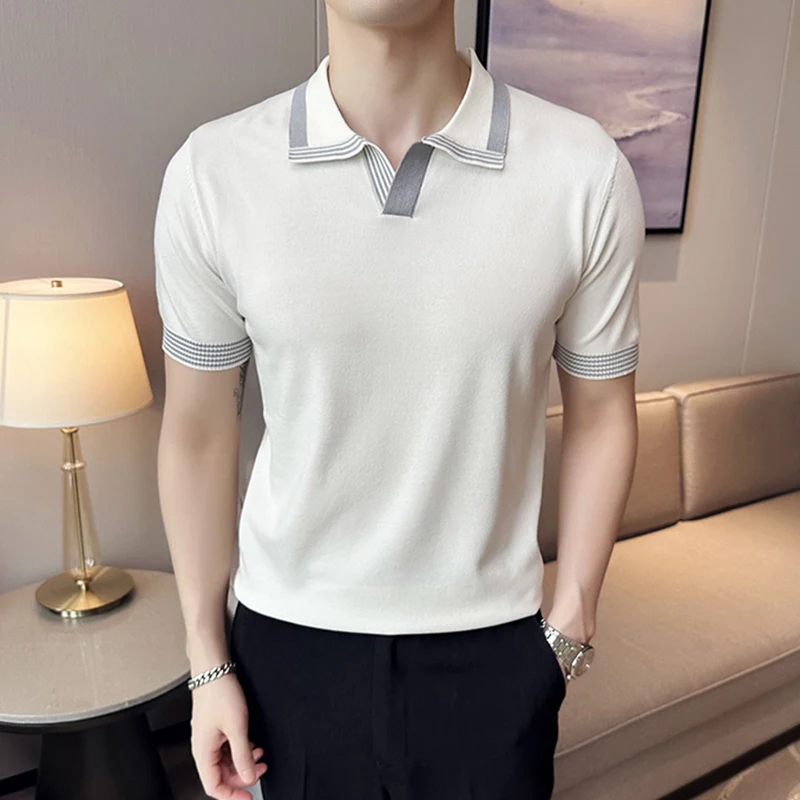 Fashion Patchwork Breathable Polo Shirt Mens Knit Turn-down Collar Short Sleeve Slim Tops Men Clothes Summer Casual Knitting Tee
Fashion Patchwork Breathable Polo Shirt Mens Knit Turn-down Collar Short Sleeve Slim Tops Men Clothes Summer Casual Knitting Tee