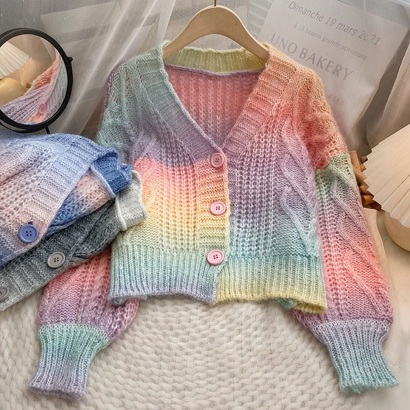 

Korean Style Female Rainbow Gradient Sweater V Neck Single Breasted Batwing Sleeve All-Matched Women Knitting Cardigans Tops
