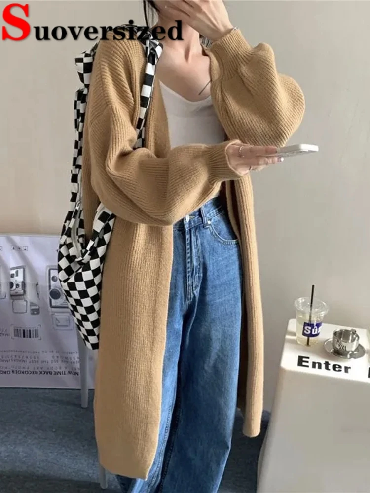 

Oversize 85kg Loose Mid-length Knitted Cardigan Korean Fashion Long Sleeve Top Casual V-neck Knitewear Gilet Fall Women Sweater