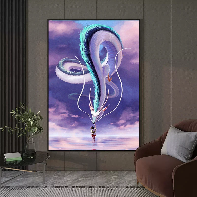 

DIY Oil Painting By Numbers Japan Movie Spirited Away White Dragon and Ogino Chihiro Handpainted Art Wall Home Decor Unique Gift