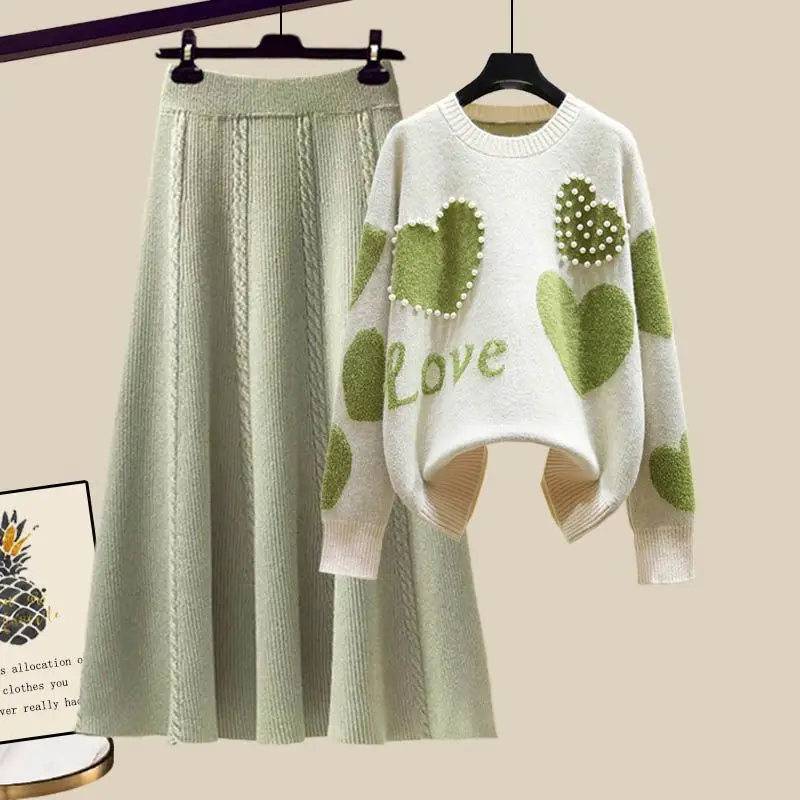 Осенне-зимний вязаный Свободный пуловер с длинным рукавом и сердечками, женский свитер и длинная юбка трапециевидной формы с высокой талией, элегантный комплект из 2 предметов