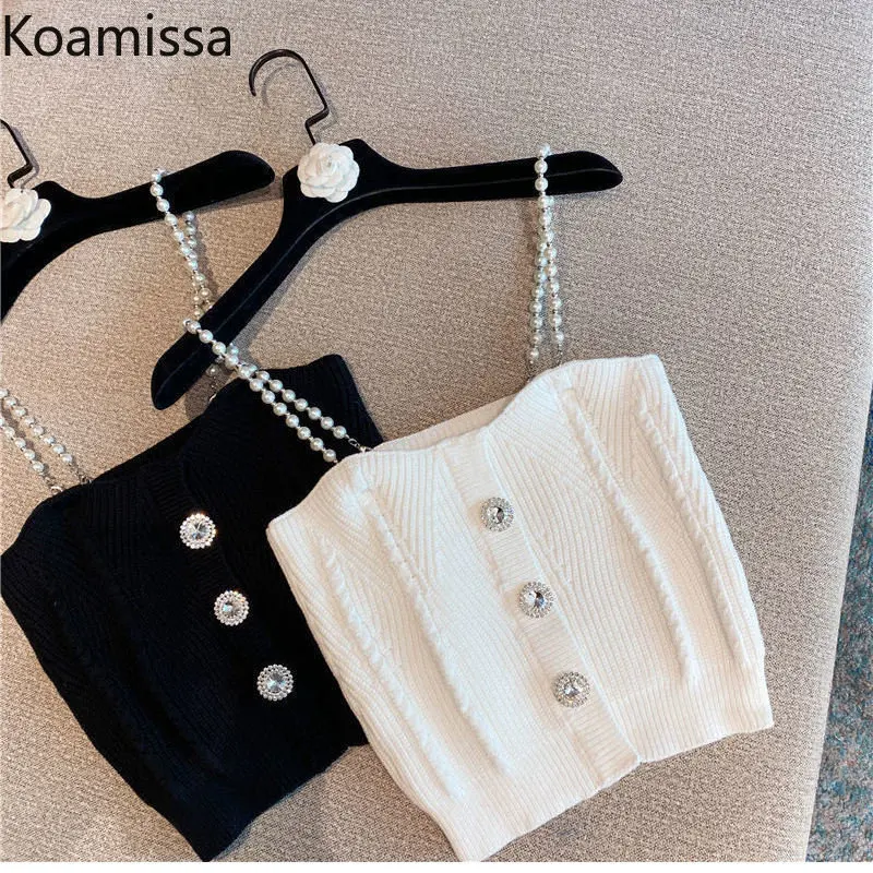 

Koamissa Fashion Women Summer Camisole 2023 New Ladies Vintage Knitted Tanks Femme Korean Chic Pearls Outwear Camis Cropped Tops