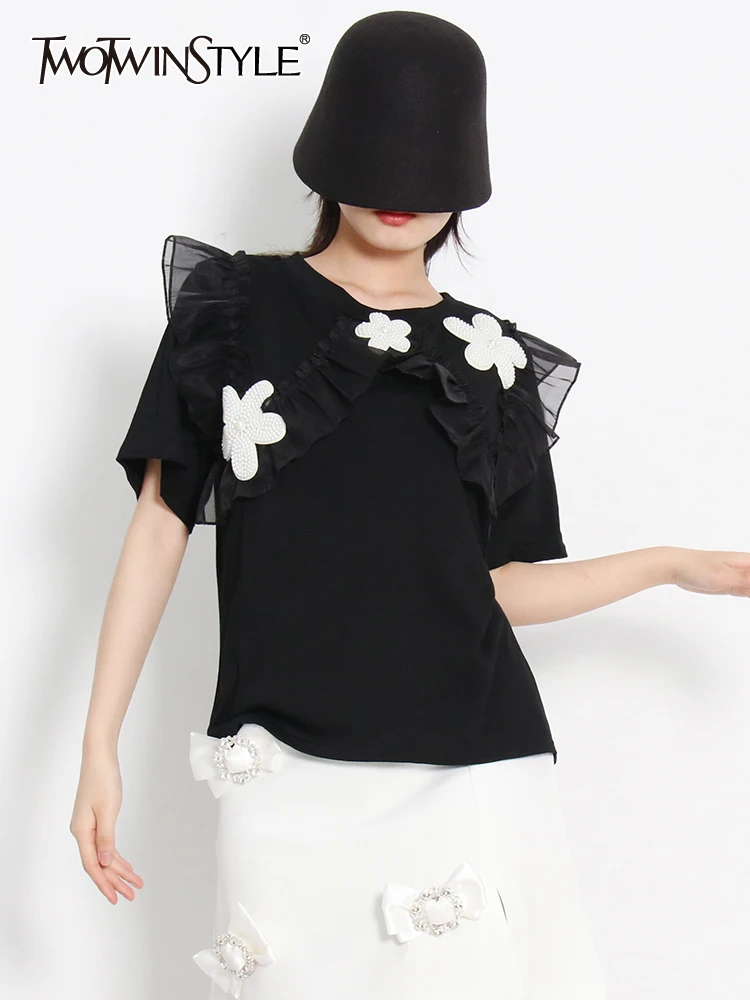 TWOTWINSTYLE White Casual T Shirt For Women Round Neck Short Sleeve Patchwork Floral T Shirts Female Summer Clothing Style New
TWOTWINSTYLE White Casual T Shirt For Women Round Neck Short Sleeve Patchwork Floral T Shirts Female Summer Clothing Style New
