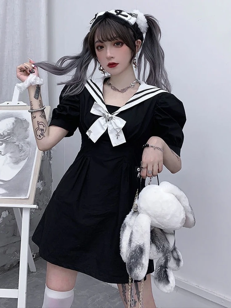 Gothic School Kawaii Dress Women Goth Wrap Puff Sleeve Black Short Dresses Sailor Collar 2022 Summer Student Clothes
Gothic School Kawaii Dress Women Goth Wrap Puff Sleeve Black Short Dresses Sailor Collar 2022 Summer Student Clothes