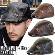 Spring Summer Men Fashion Retro PU Leather Beret Hats Leather Beret Hat Middle-aged Mens Visor Warm Flat Peaked Cap Adjustable