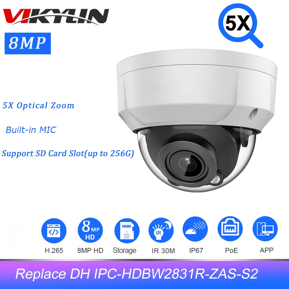

Vikylin OEM Dahua 8MP 5X Zoom WizSense IP Camera IPC-HDBW2841R-ZAS-S2 BUuilt-in MIC Alarm SD Card Slot Video Surveillance Camera
