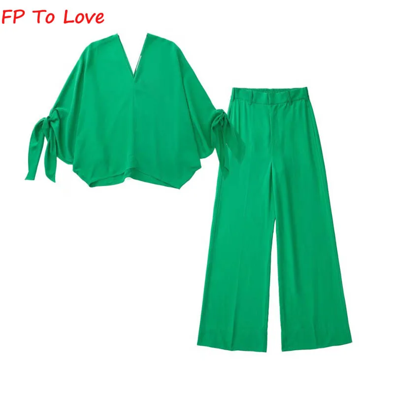 FP To Love 2022 Summer High Waist Bow Decoration Draped Top Wide Leg Pants Green Loose Pants Suit Women 
FP To Love 2022 Summer High Waist Bow Decoration Draped Top Wide Leg Pants Green Loose Pants Suit Women