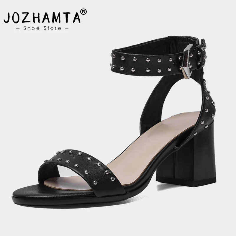 

JOZHAMTA Size 34-39 Women Sandals Rome Rivets High Heels Summer Shoes Woman 2023 Fashion Real Leather Ankle Strap Heeled Sandal