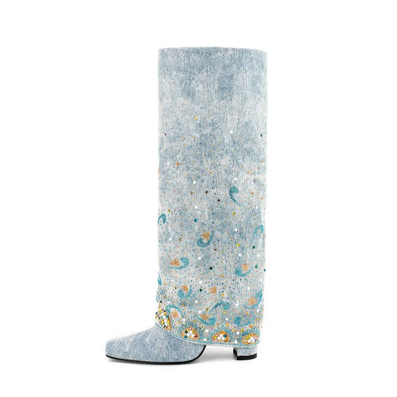 2023 European and American Style Fashion Square Headed Thick Heel Denim Rhinestones Sexy Knee-high Boots Women's Boots Large
2023 European and American Style Fashion Square Headed Thick Heel Denim Rhinestones Sexy Knee-high Boots Women's Boots Large