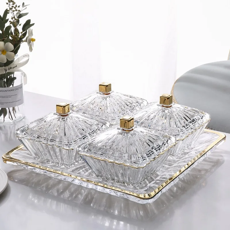 European-style Transparent Glass Compartment Fruit Platter Luxury Gilded Snack Candy Plate Nut Plate with Tray Bowls and Plates
European-style Transparent Glass Compartment Fruit Platter Luxury Gilded Snack Candy Plate Nut Plate with Tray Bowls and Plates