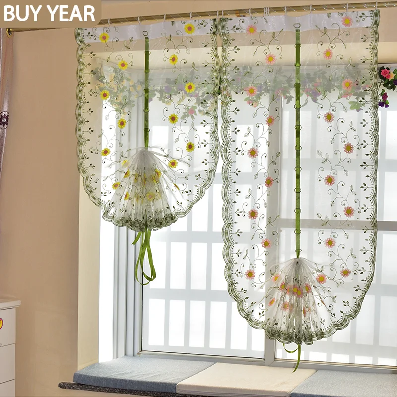 

Organza Embroidery Pattern Flowers Balloon Curtain Tulle Blinds Curtains for Kitchen Bedroom Living Room Window Decorative