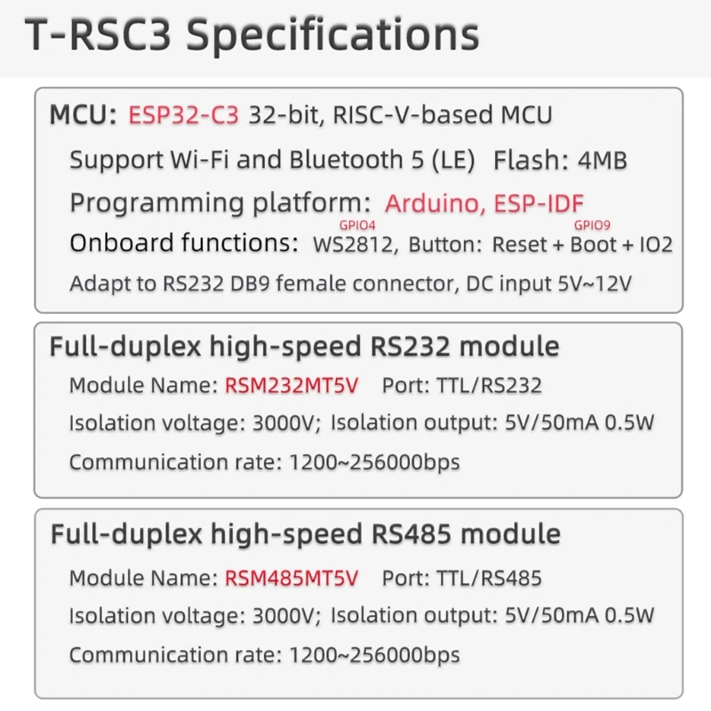 T-RSC3 ESP32-C3 RS232 RS485 WiFi Development Board Bluetooth-compatible 5.0 Dropship
T-RSC3 ESP32-C3 RS232 RS485 WiFi Development Board Bluetooth-compatible 5.0 Dropship