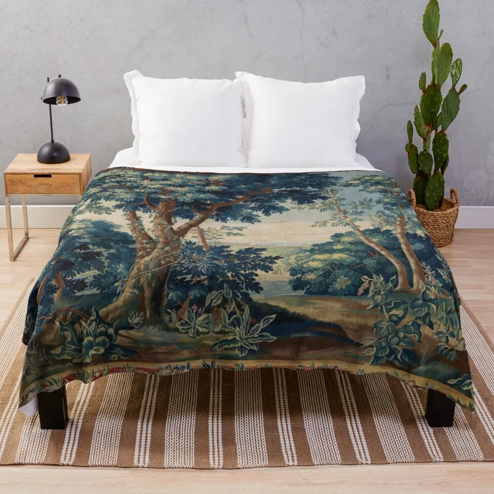 

GREENERY, TREES IN WOODLAND LANDSCAPE Antique Flemish Tapestry Throw Blanket blankets for sofa