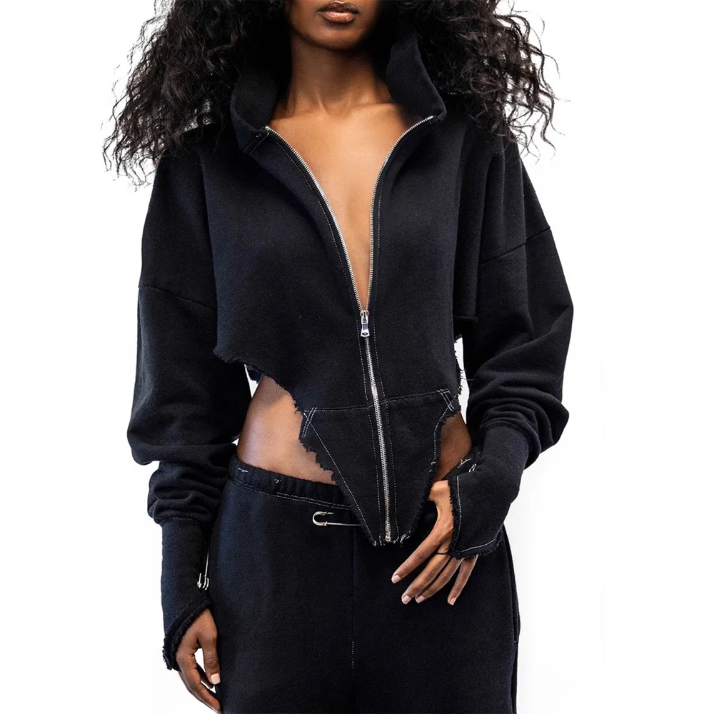 

Women Hooded Jackets & Coats 2023 New Zipper Closure Full Sleeve Asymmetric High Street Wear Female Fashion Outwears Jackets Hot